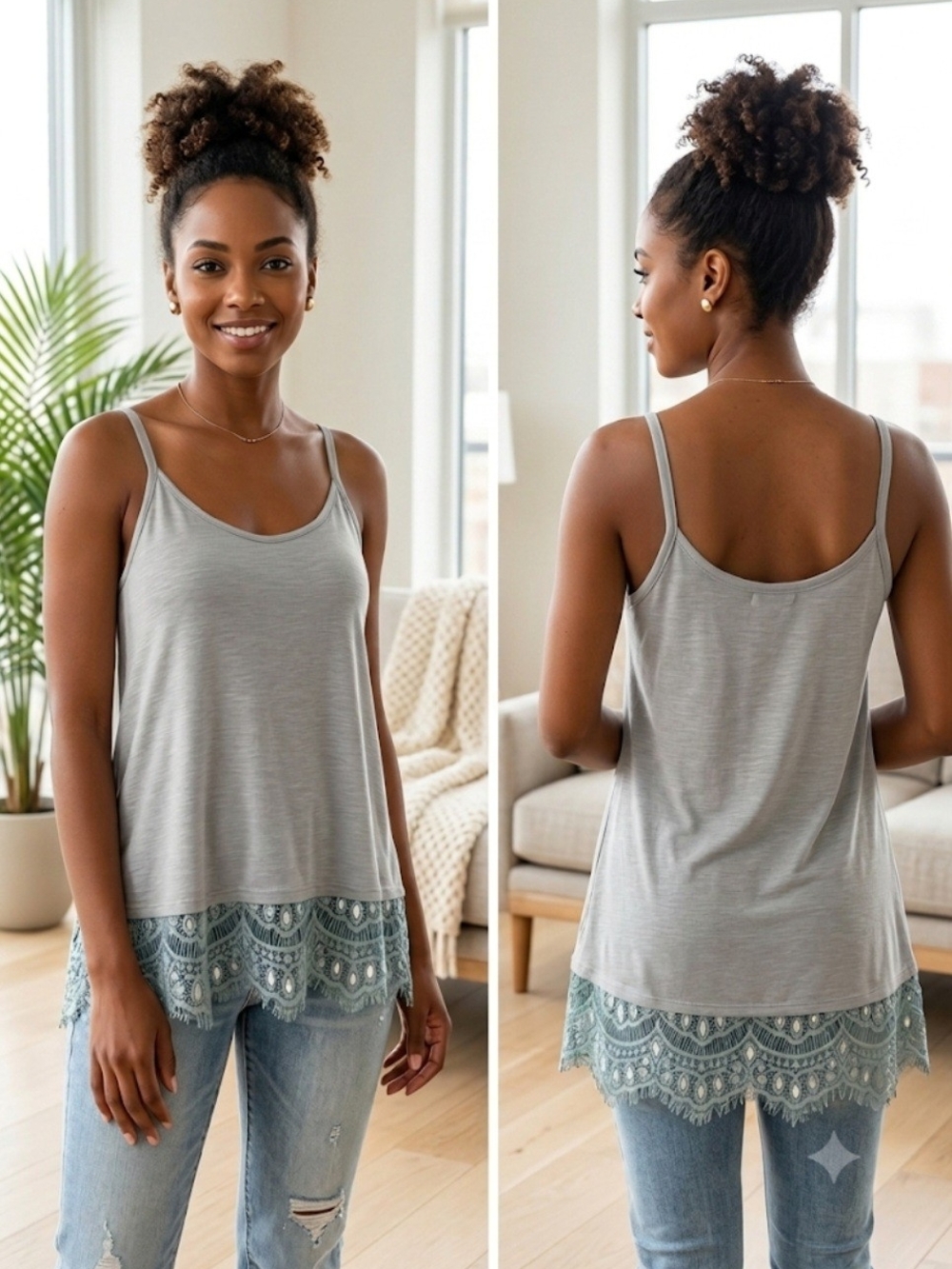 Boho Light Gray Spaghetti Strap Cami Tank Top W/Lace Trim-L
